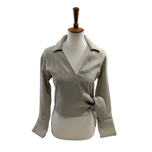 Express Wrap Blouse Women XS Green V-Neck Long Sleeve Career Minimalist Office